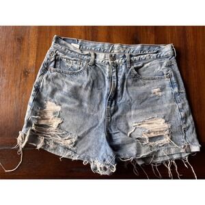 American Eagle Mom Shorts Womens 14 Light Wash Distressed High Waisted Denim